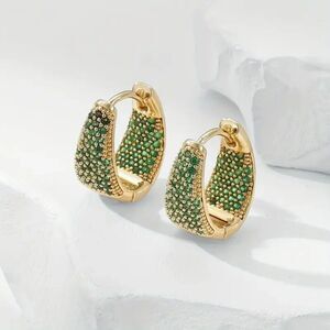 “Nora” 18k Gold Huggie Hoop Earrings - Vivid Emerald Green Zirconia Gemstones